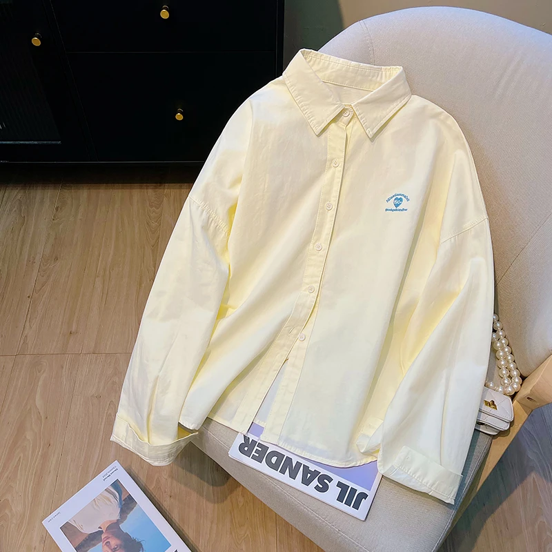 奶油杏色显白休闲长袖衬衫女早秋2025新小刺绣设计感宽松纯棉衬衣