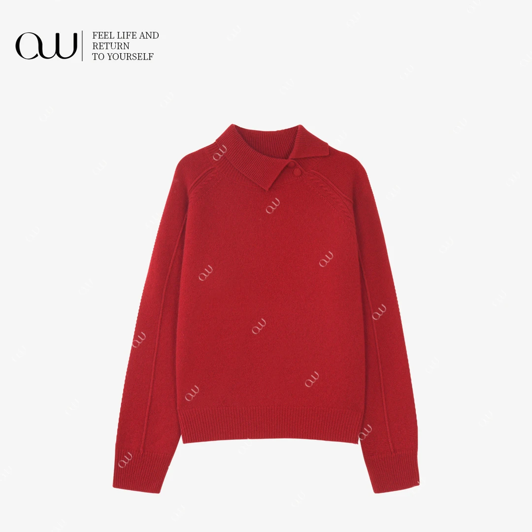 【老白不白】100%绵羊毛翻领勃艮第红针织毛衣OWMY144Z