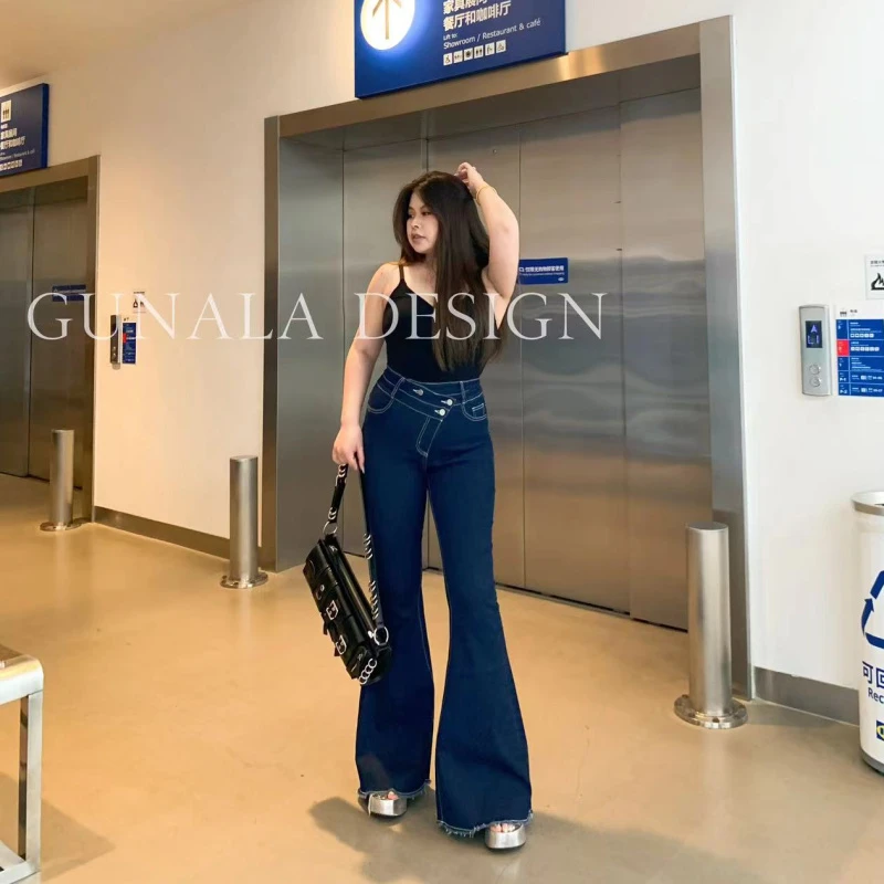 清清！涩谷辣妹大码高腰百搭微喇设计款高弹力牛仔裤-L170