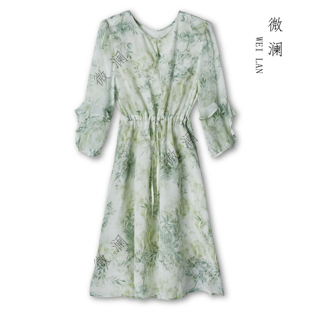 【明月清风】2025春夏新款04双绉桑蚕丝绿色碎花时尚连衣裙CL5104-1