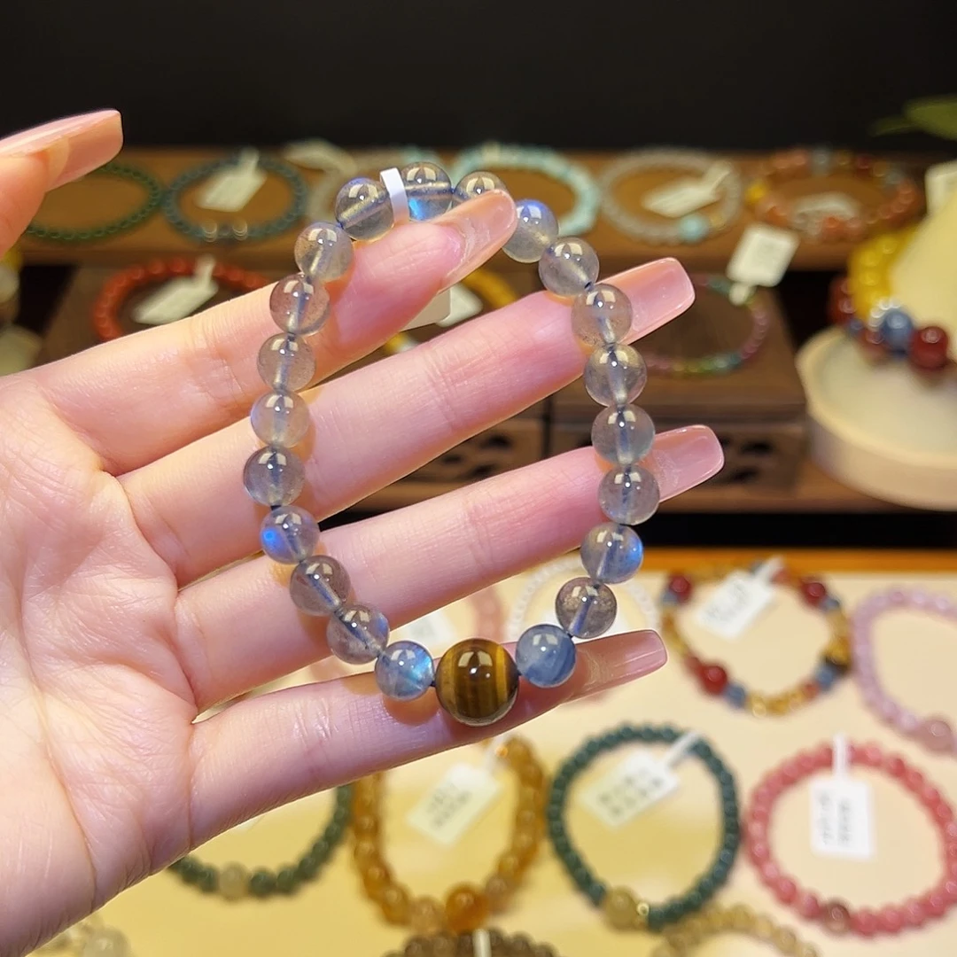 水晶手串银S925镀金镶嵌灰月光2099