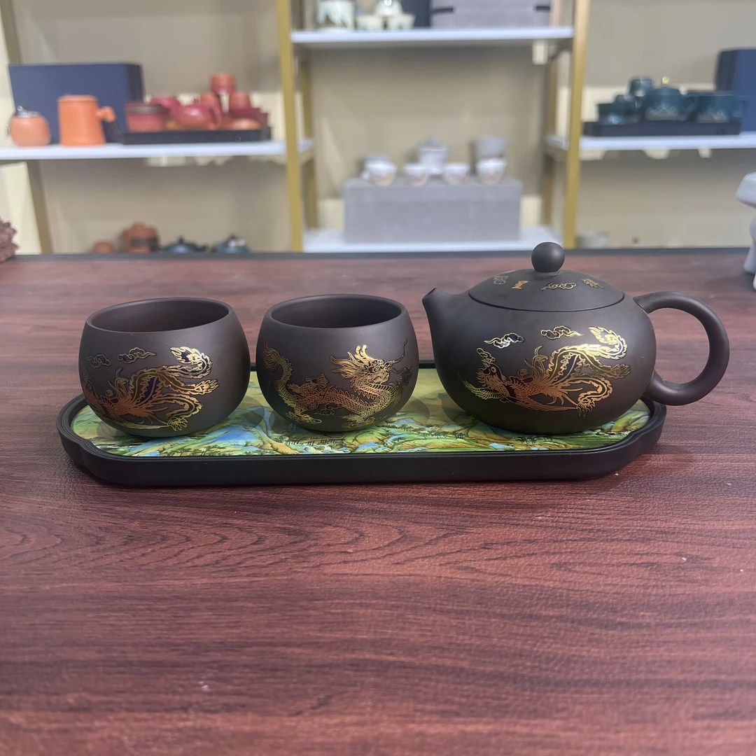 Z5018紧砂/龙凤变色西施壶龙龙蛋杯凤龙蛋杯千里江山干泡盘+礼盒