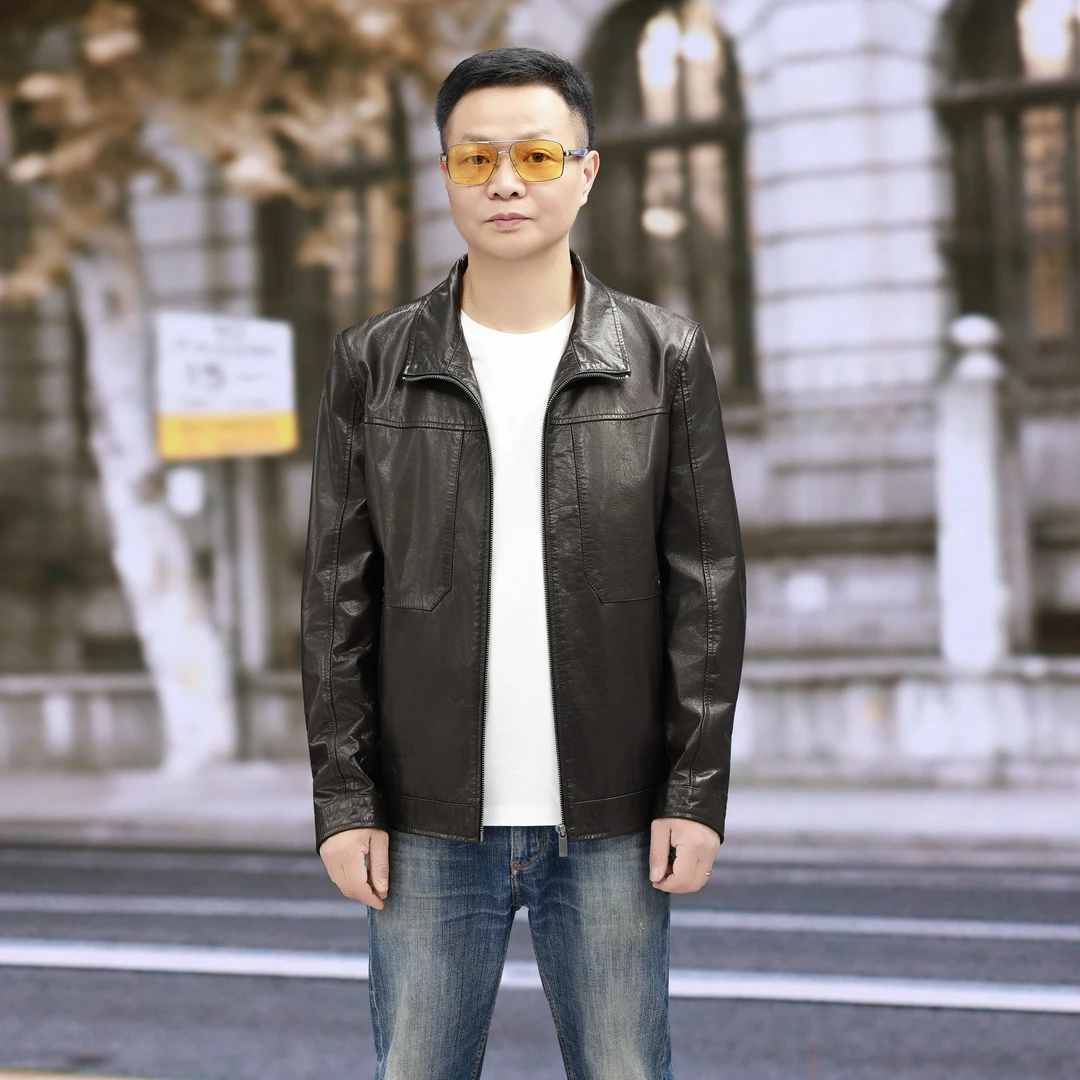 25083新款翻领油蜡牛皮立翻领男真皮皮衣休闲时尚修身短款