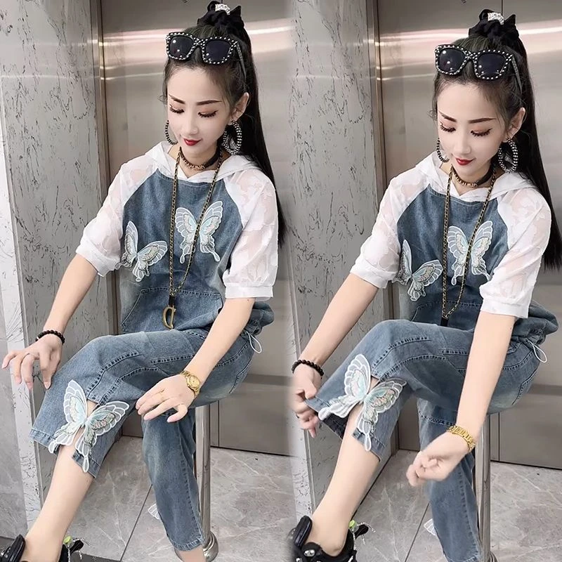 2025夏季新款牛仔拼接套装女宽松大码连帽洋气休闲时尚显瘦两件套