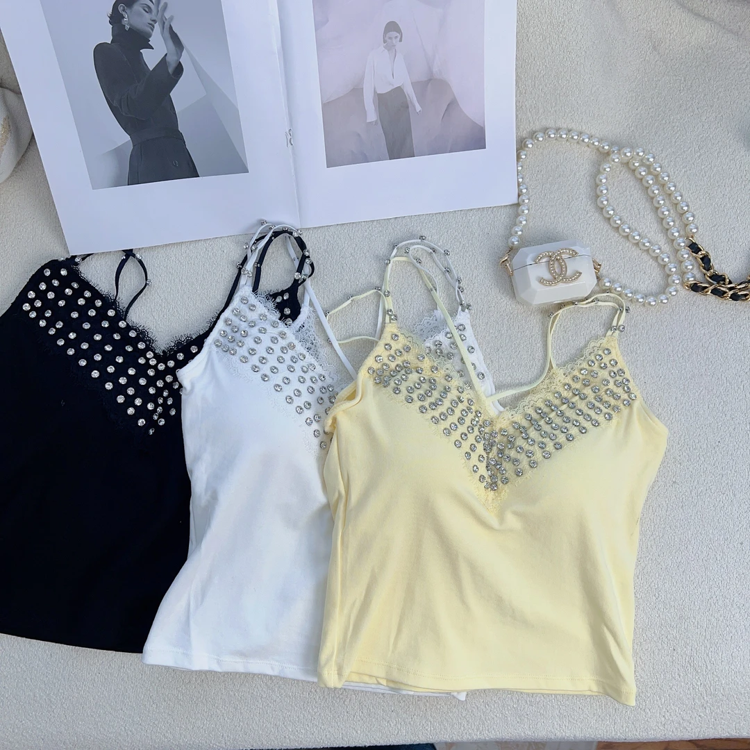 2025~肩带烫钻春夏新款性感烫钻V领吊带背心女短上衣