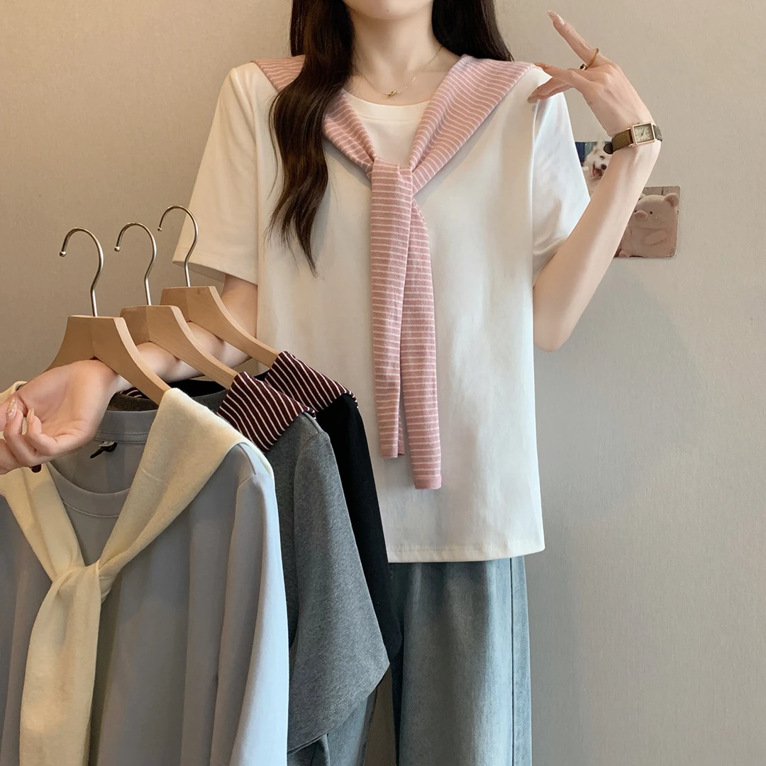 大码女装2025夏季韩系百搭短袖上衣条纹披肩两件套D0168+63989
