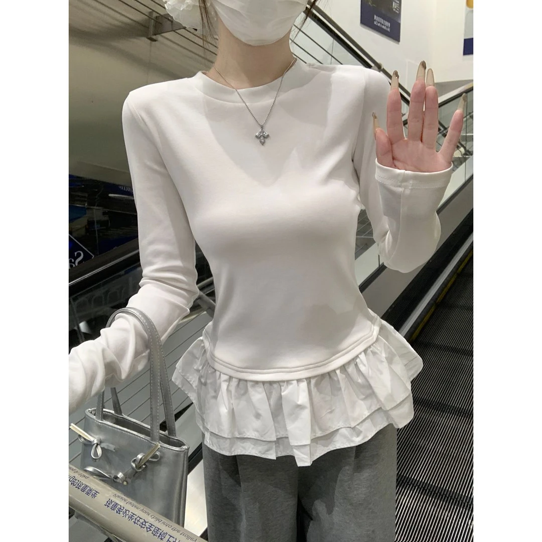 2025春季新款时尚韩版撞色下摆荷叶边拼接甜美百搭长袖T恤上衣女