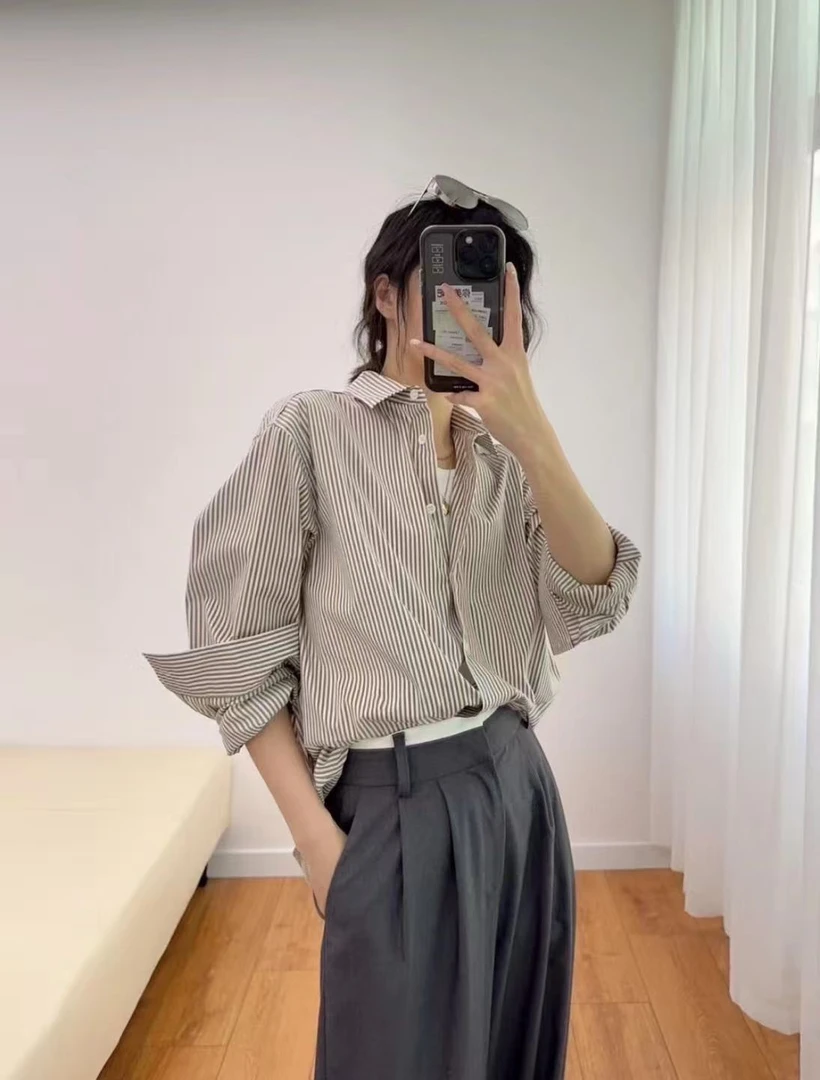 【714-ZM64】韩系宽松休闲男女同款条纹长袖衬衫