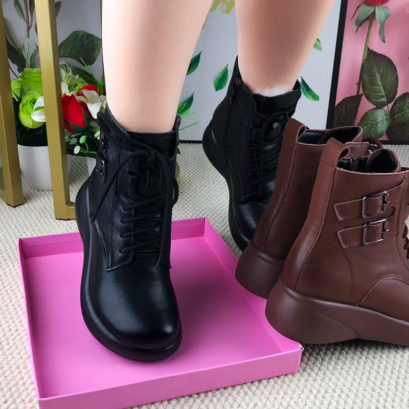 牛皮马丁靴女秋冬季新款真皮圆头厚底加绒女靴短靴系带妈妈鞋棉靴