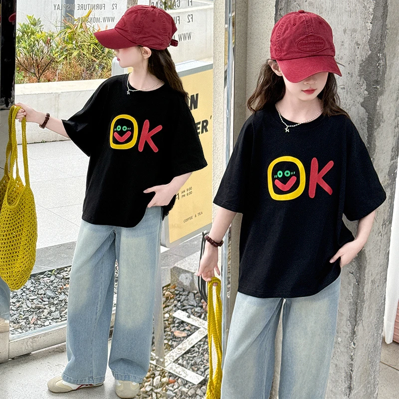 女童套装2025夏季新款6-12岁女中大童韩版简约短袖T恤牛仔裤套装t