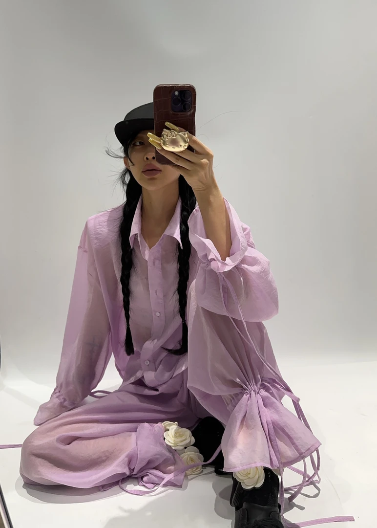 VIVISPLENDID20600#（定制款NO退NO换）透感衬衣花苞长裤套装