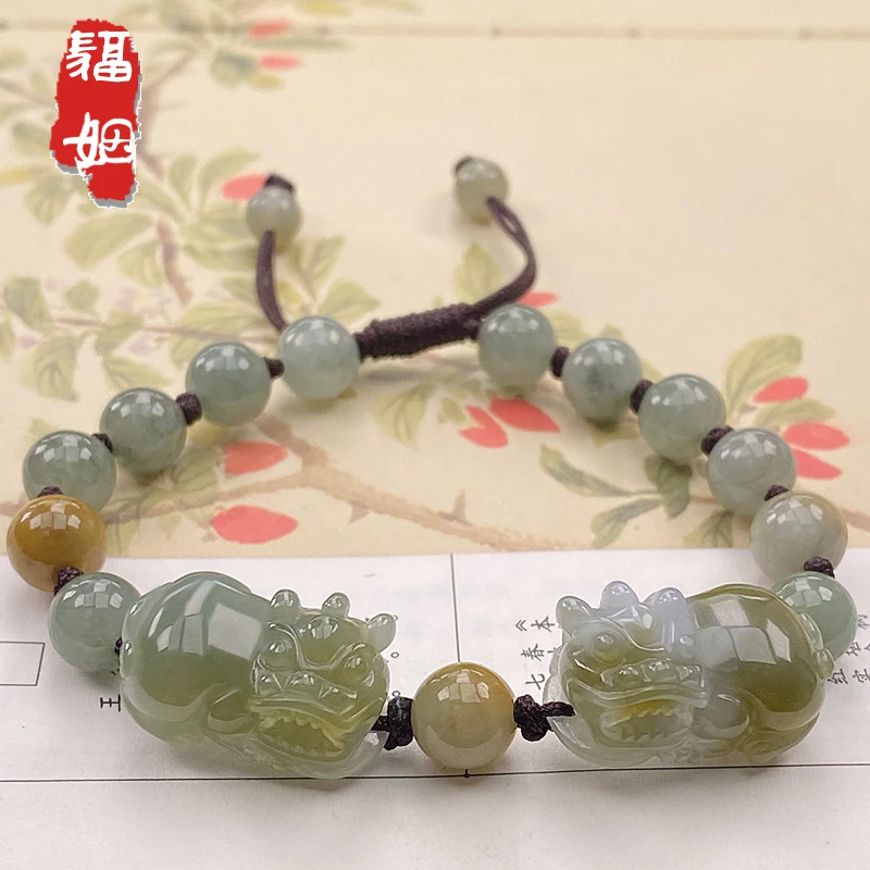 福姻翡翠霸王貔貅女手串天然A货双貔貅手链手工编绳缅甸