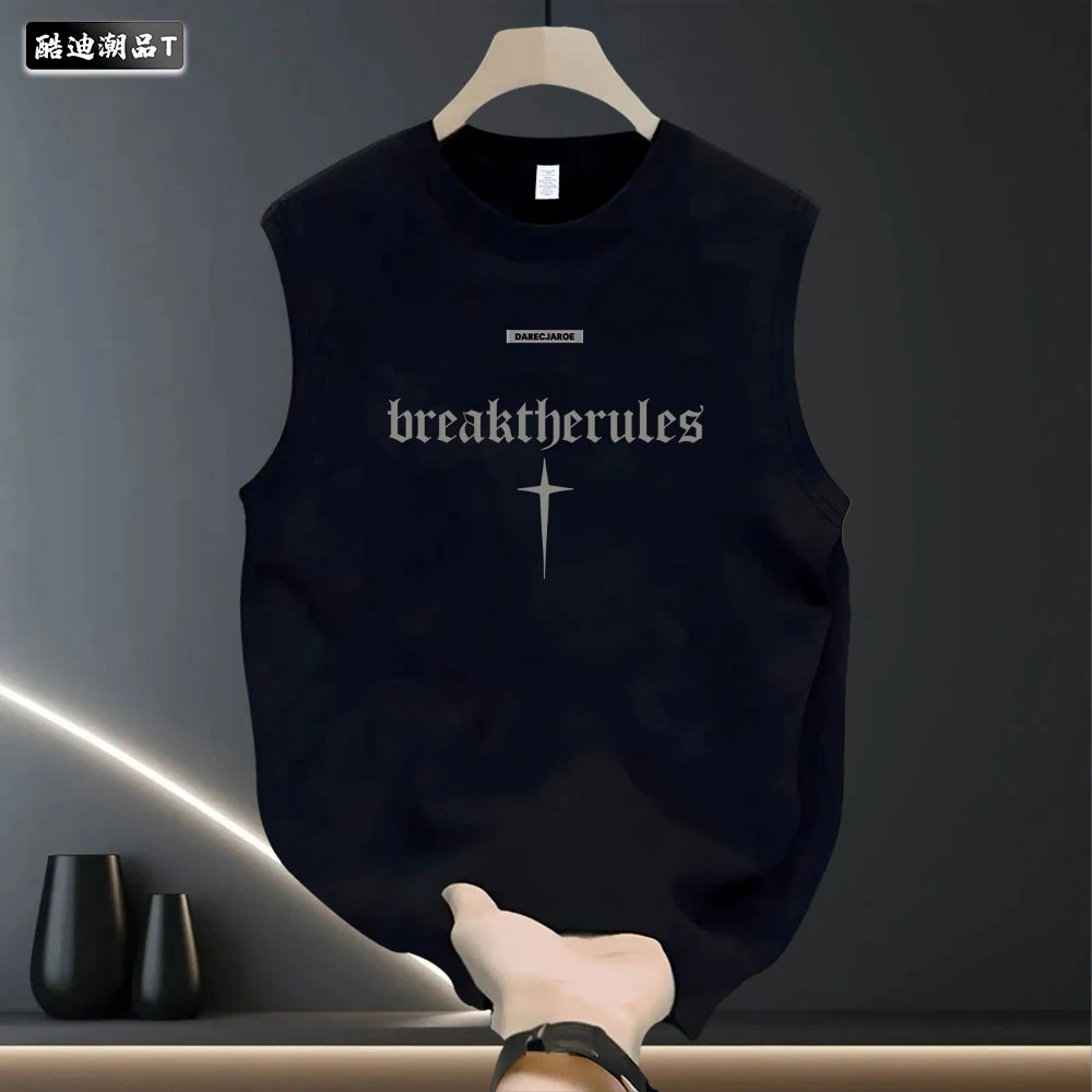 新款夏季宽松休闲美式个性印花男女圆领纯棉无袖背心T恤百搭潮流