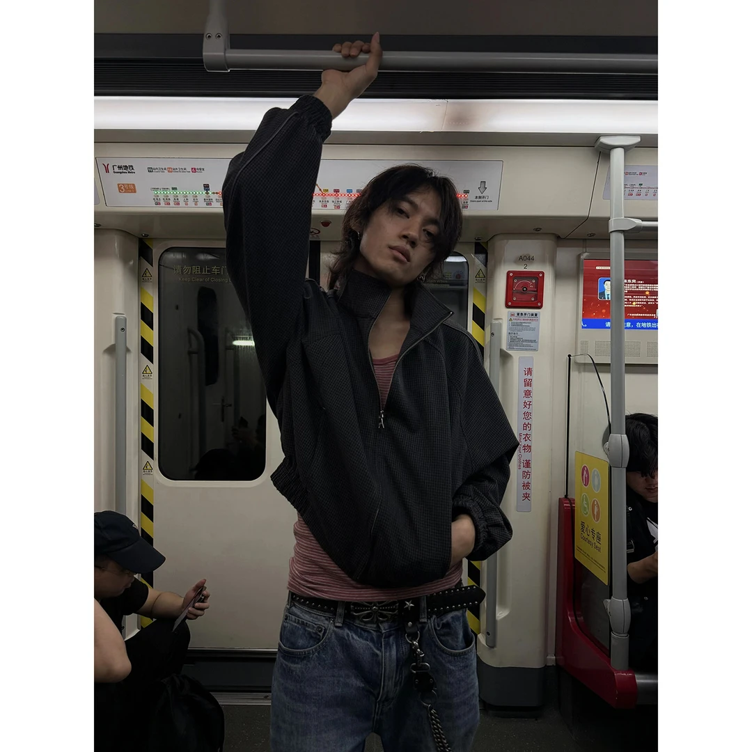 Borrowed Project 千鸟格暗纹哈灵顿夹克老钱立领拉链短宽外套