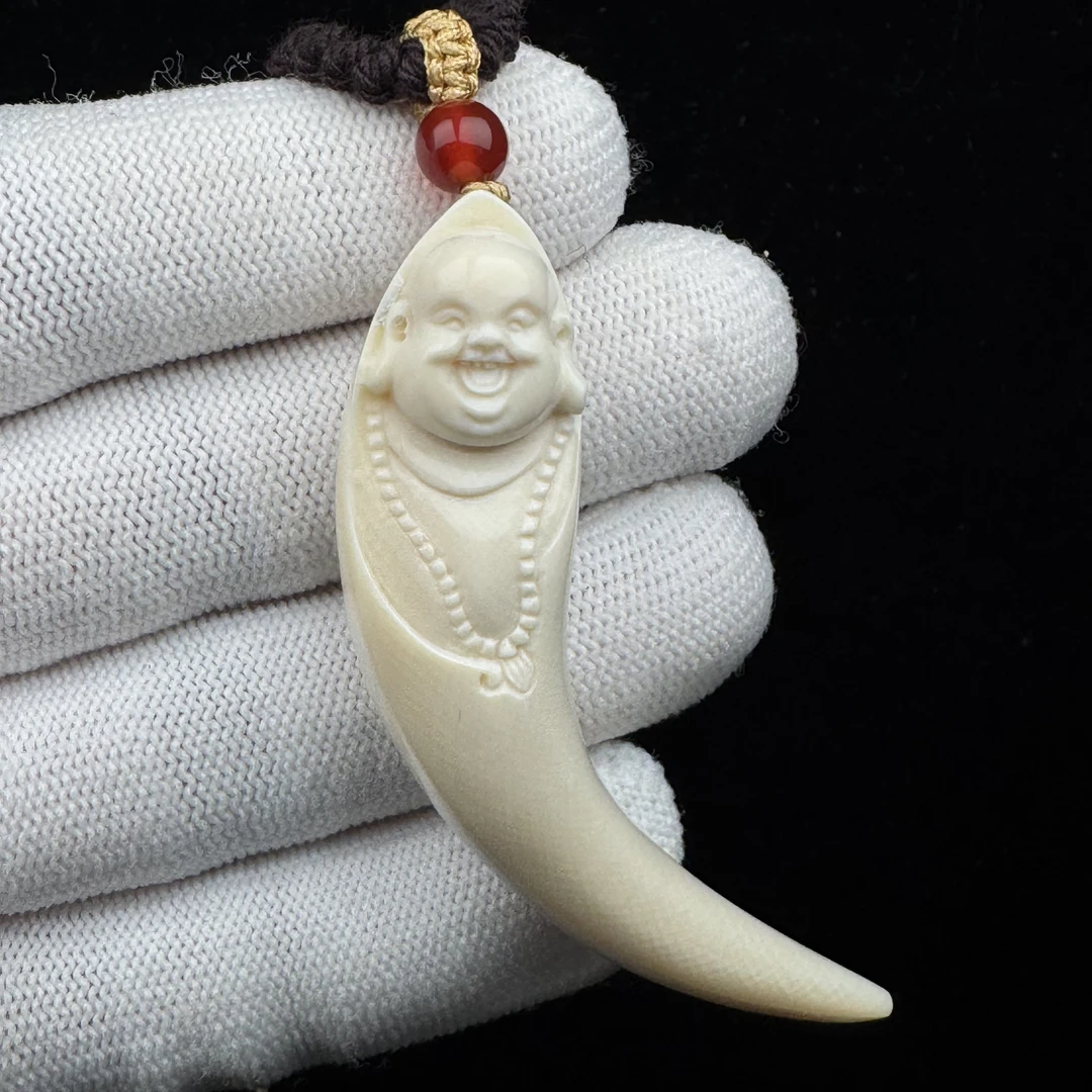 H5067天然猛犸牙 雕刻弥勒佛牙尖65mm支持鉴定 假一罚四