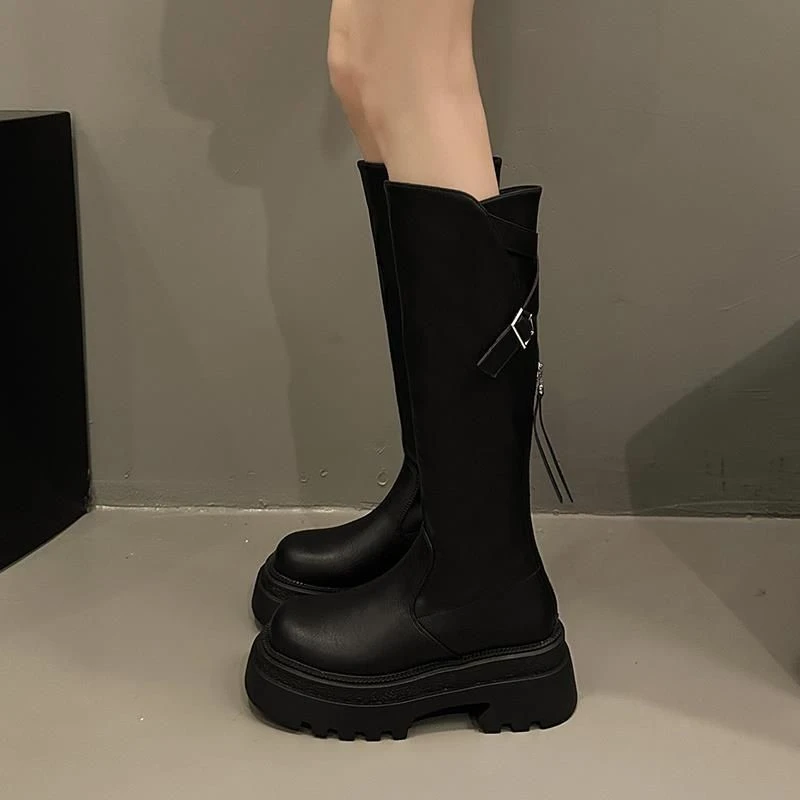 高筒靴2025秋冬季新款拉链厚底弹力棕色不过膝小个子长筒靴子女