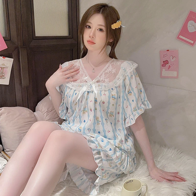 大码300斤睡衣女夏季薄款网红宫廷风短袖短裤宽松小香风可爱网红