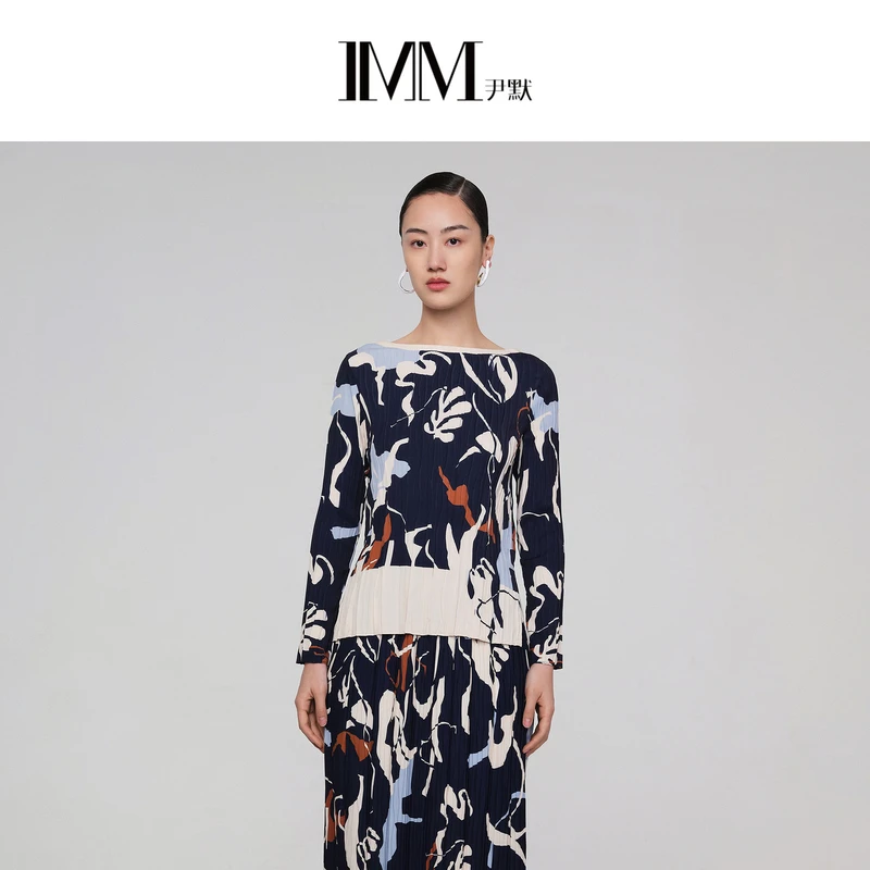 IMM尹默女装秋季自然共舞花型一字领气质褶皱长袖小衫