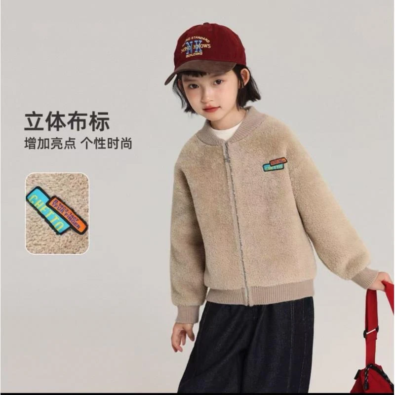时尚冬装童装女童简约上衣2025秋冬款儿童短款棒球领毛绒外套6015