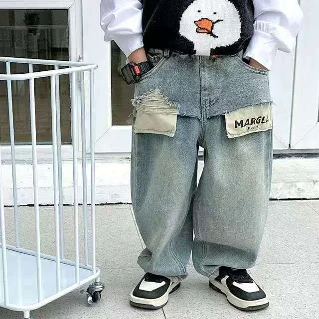 【破洞口袋字母】男童牛仔裤春秋装新款韩版个性拼接洋气穿搭宽松