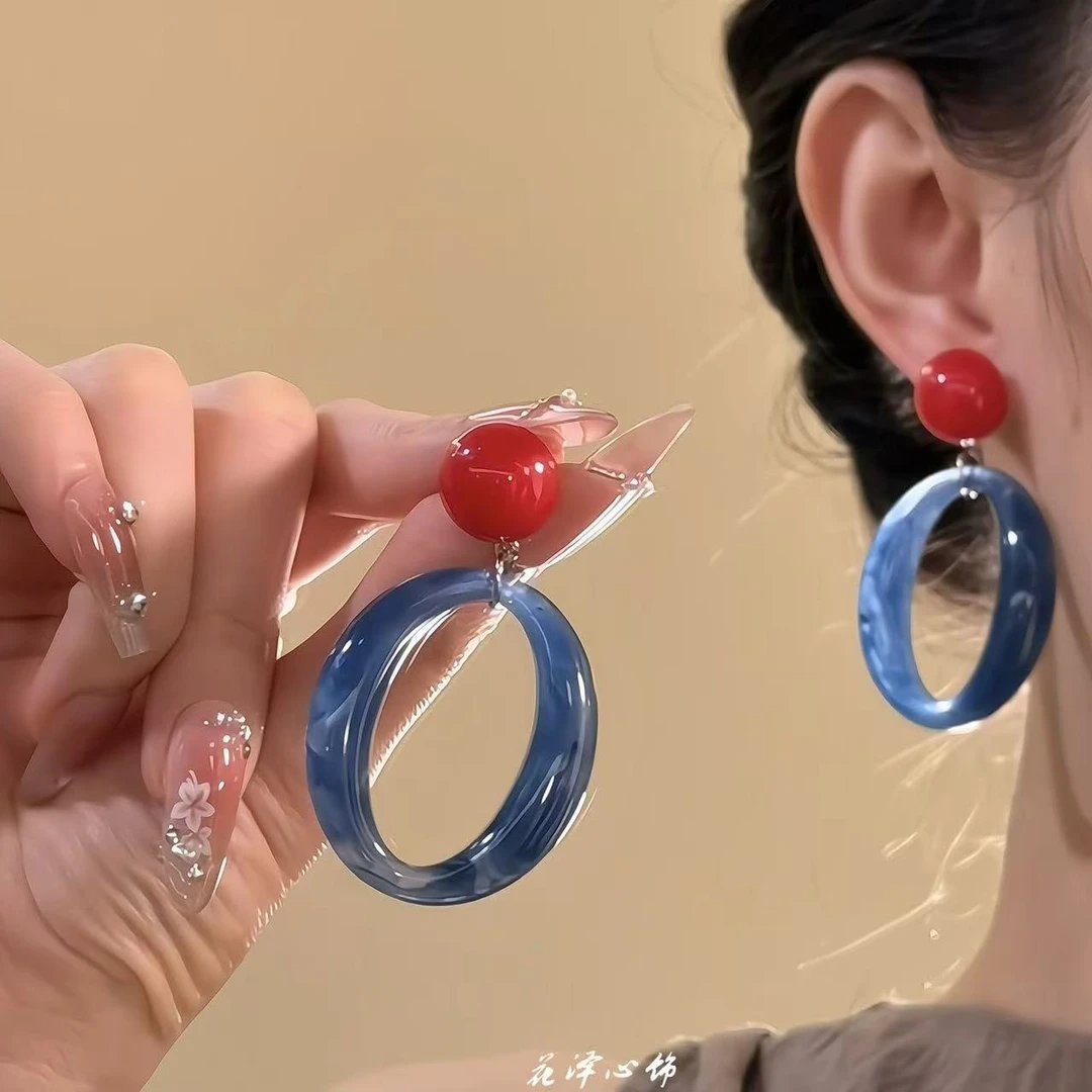 合金树脂耳饰 耳钩耳环港风蓝色爱心/水滴/铃铛长款日韩素款手工