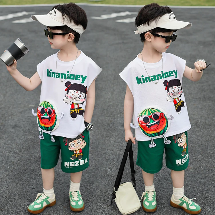 哪吒衣服男童夏季套装2025新款帅气休闲宝宝无袖夏装儿童夏日穿搭