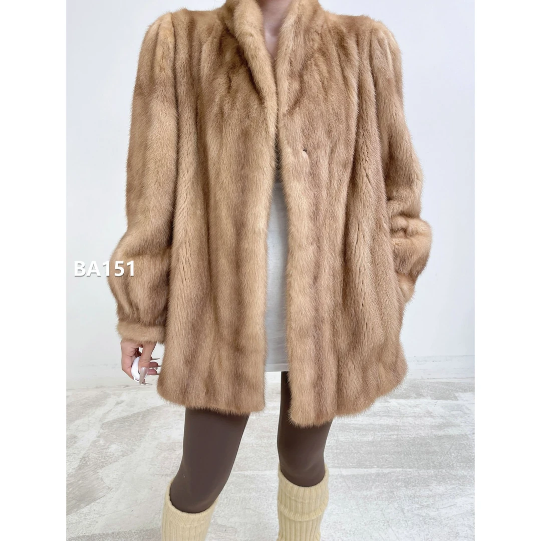 【BA151】XS码 奶茶棕短款全抽貂皮大衣皮草 翻领泡泡袖