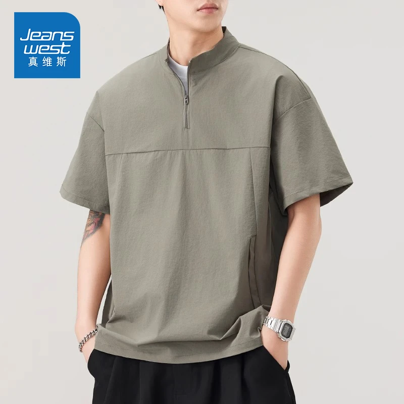 Jeanswest/真维斯美式半拉链立领短袖t恤男夏季薄款宽松休闲上衣