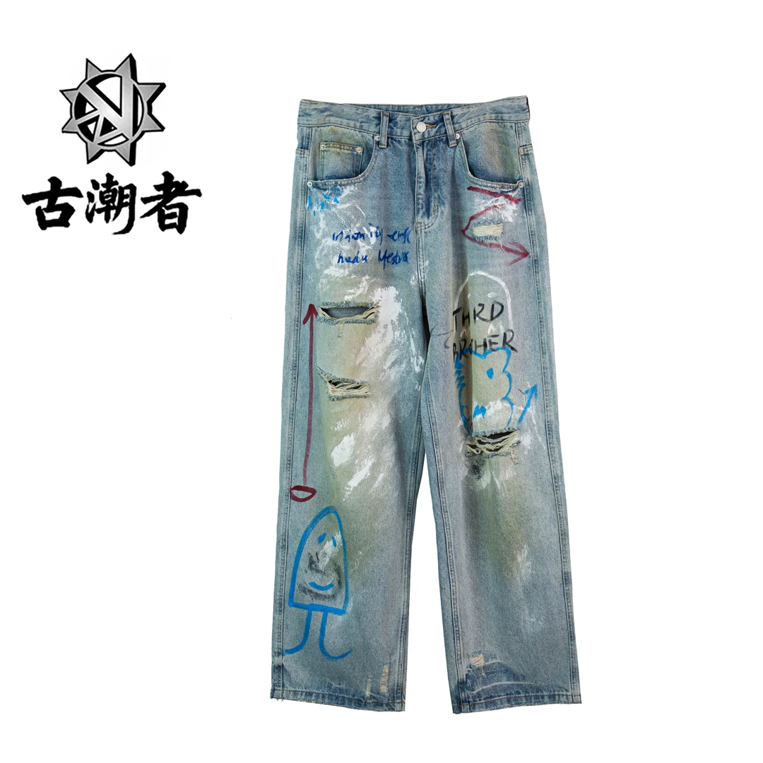 十三姨女款牛仔裤夏季薄款街头涂鸦宽松直筒阔腿裤潮牌休闲长裤
