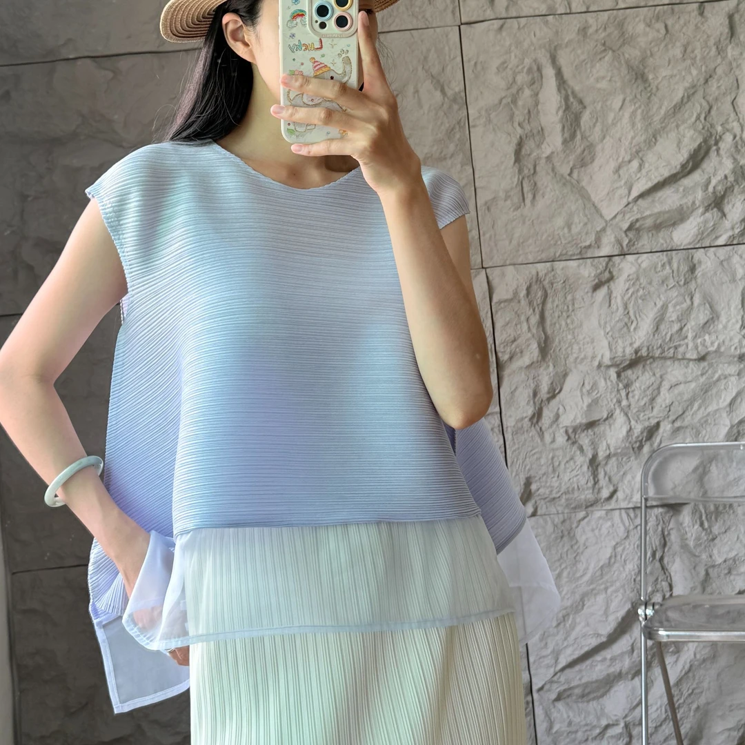 2025夏季新款三宅皱褶网纱拼接无袖上衣女宽松显瘦百搭气质T恤