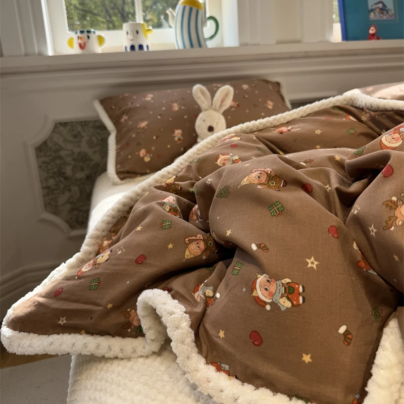 易安阁ins少女心双层纱加豆豆绒圣诞棉加华夫格绒四件套1.5m1.8米