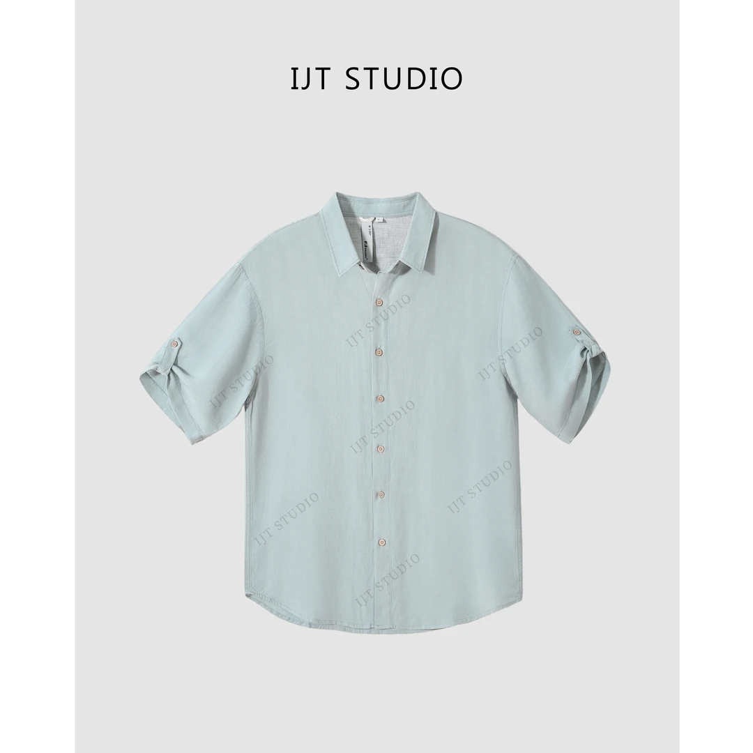 IJT studio夏季新品简约亚麻透气短袖衬衫2003