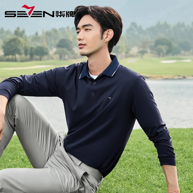 【华夫格】柒牌无缝翻领polo衫男长袖2025春季新款男士商务休闲上衣