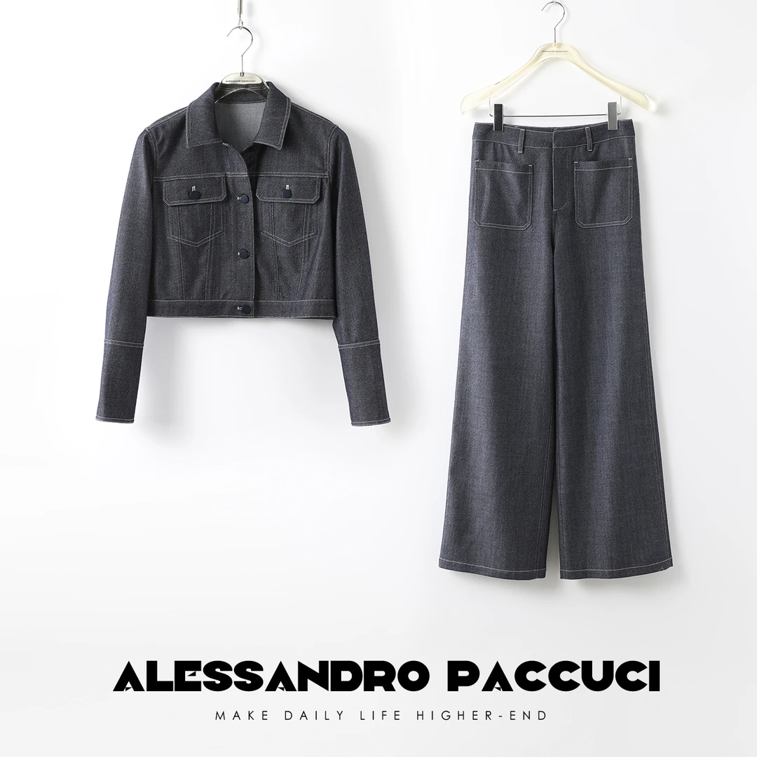 【孤品不退换】23946X【文岚】羊毛牛仔时尚休闲翻领上衣/直筒裤子 春