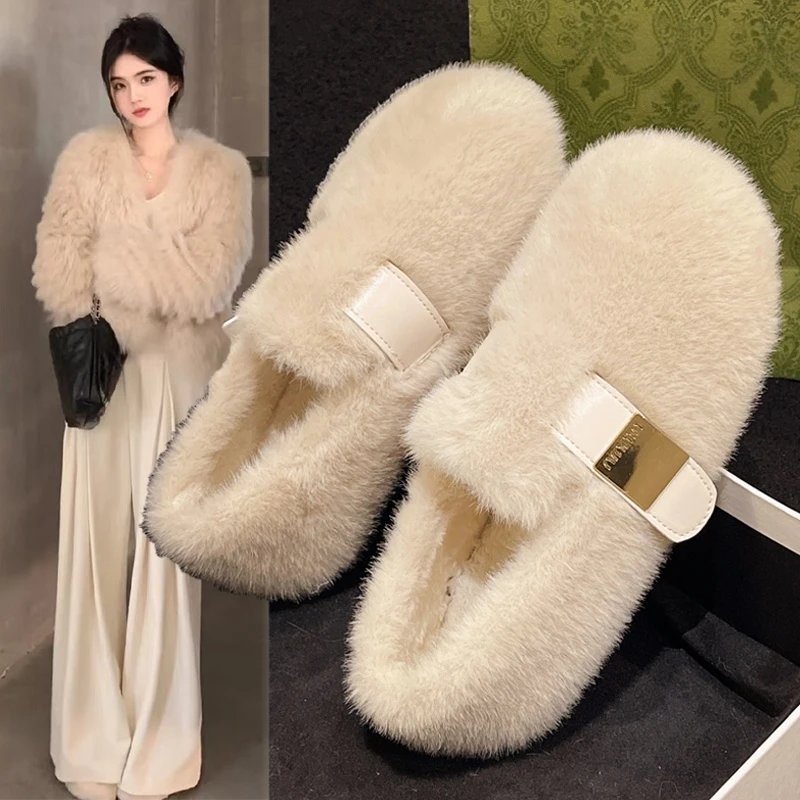法式白色毛毛鞋女外穿2025新款秋冬一脚蹬高级感水貂毛绒豆豆棉鞋