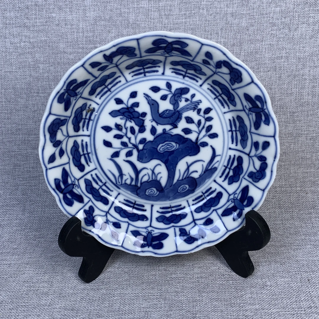 清代青花洞石花鸟盘古瓷器真品国营镇江市文物商店库出3068104