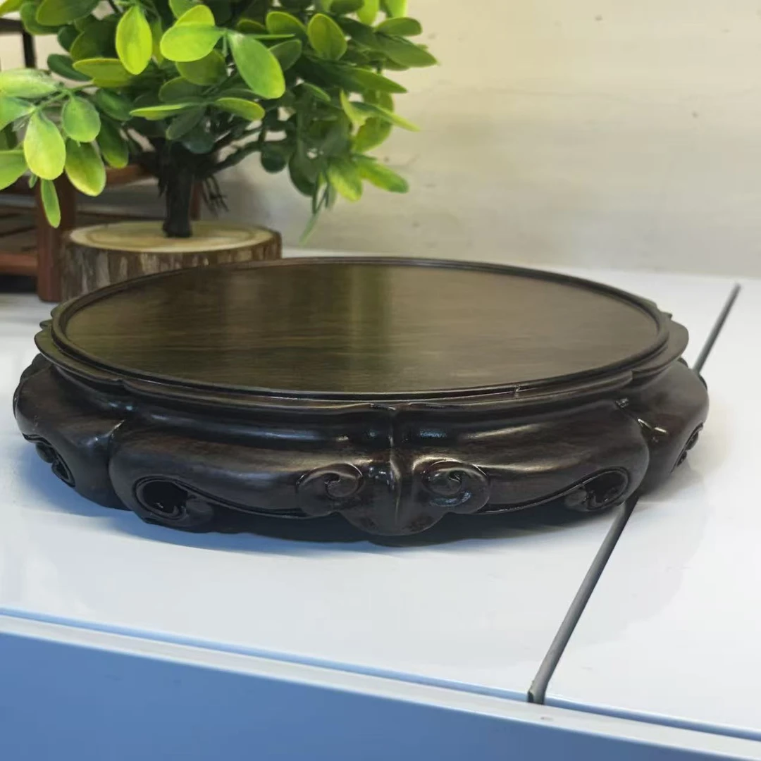 黑檀羊头摆件实木圆形底座整料雕刻家具工艺品尺寸：外24内20高4.5