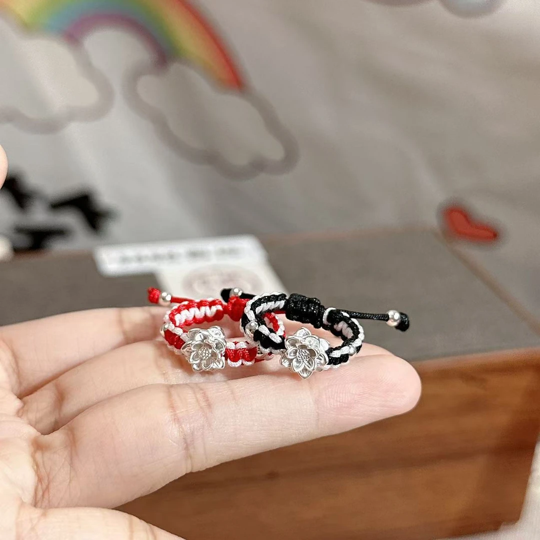 铭铭有你 足银银制品 【一路生花】莲花编戒 推拉口不挑圈口