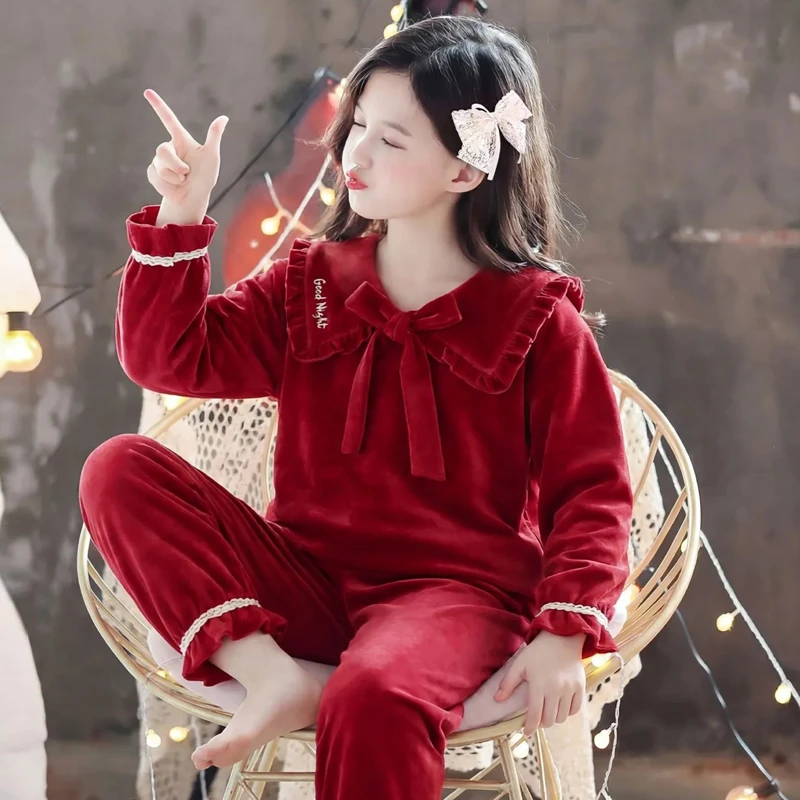 冬季女童韩版家居服亲子套装蝴蝶结公主风套头睡衣红色本命年