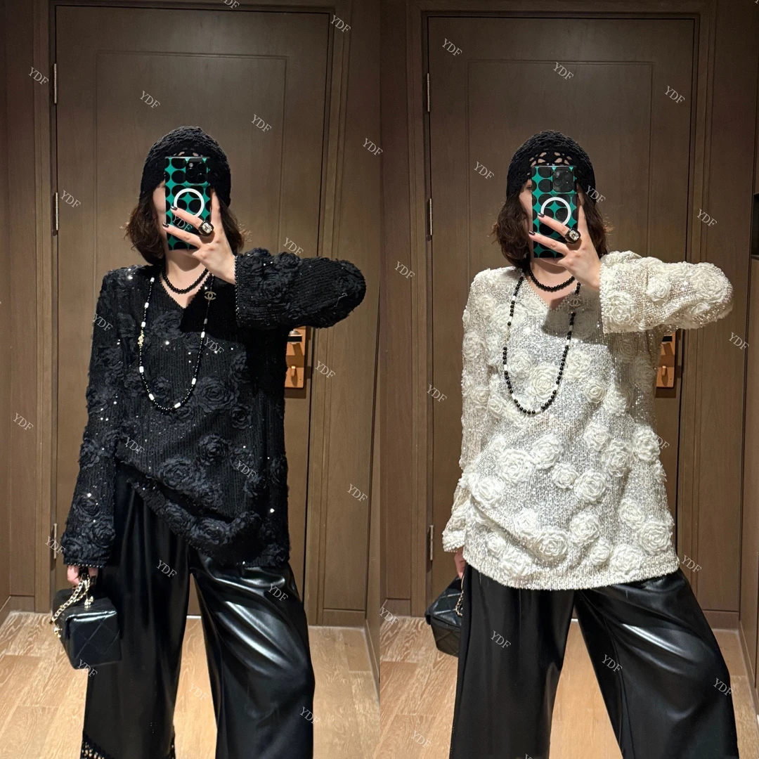 YDFSTUDIO小众【高频搭配】欧货早秋重工亮片拼接花朵设计时尚上衣