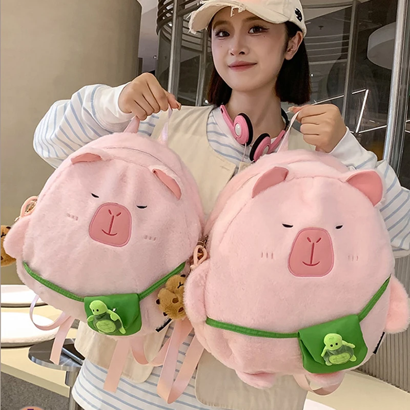 秋冬新款毛绒可爱少女卡通卡皮巴拉双肩包软糯糯幼儿园萌宝小书包