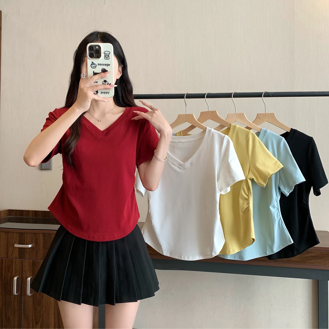 2025年新款大码女装基础款V领正肩收腰显瘦T恤上衣微胖美女短袖