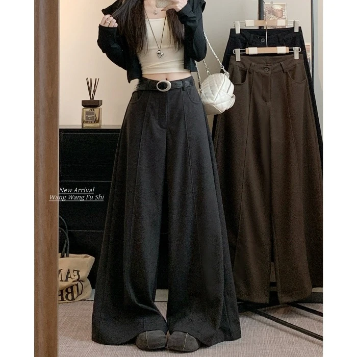 2025秋季新款美式复古慵懒风垂感宽松毛呢休闲裤高腰阔腿裤女chic