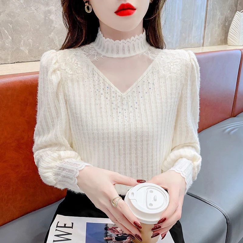 秋冬新款加绒加厚蕾丝长袖打底衫女名媛显瘦百搭保暖上衣