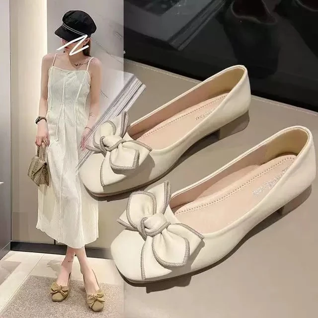 大牌撤柜撕标真皮单鞋女2025新款一脚蹬浅口蝴蝶结防滑平底豆豆鞋