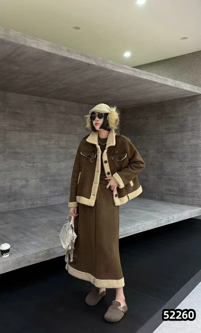 2025秋冬胖mm欧货洋气宽松轻奢保暖韩范毛毛显瘦外套+半裙52260