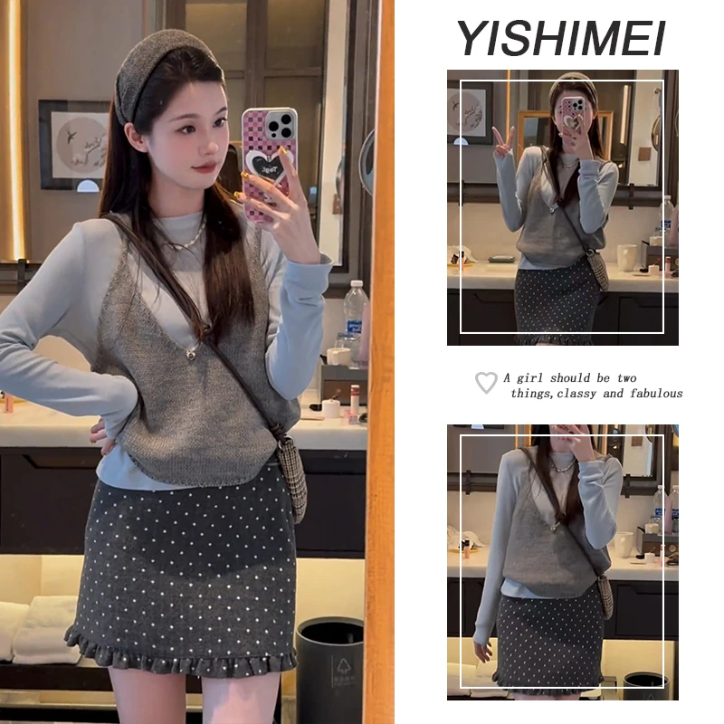 早秋时尚穿搭2025年新款韩系百搭长袖上衣针织背心波点短裙三件套