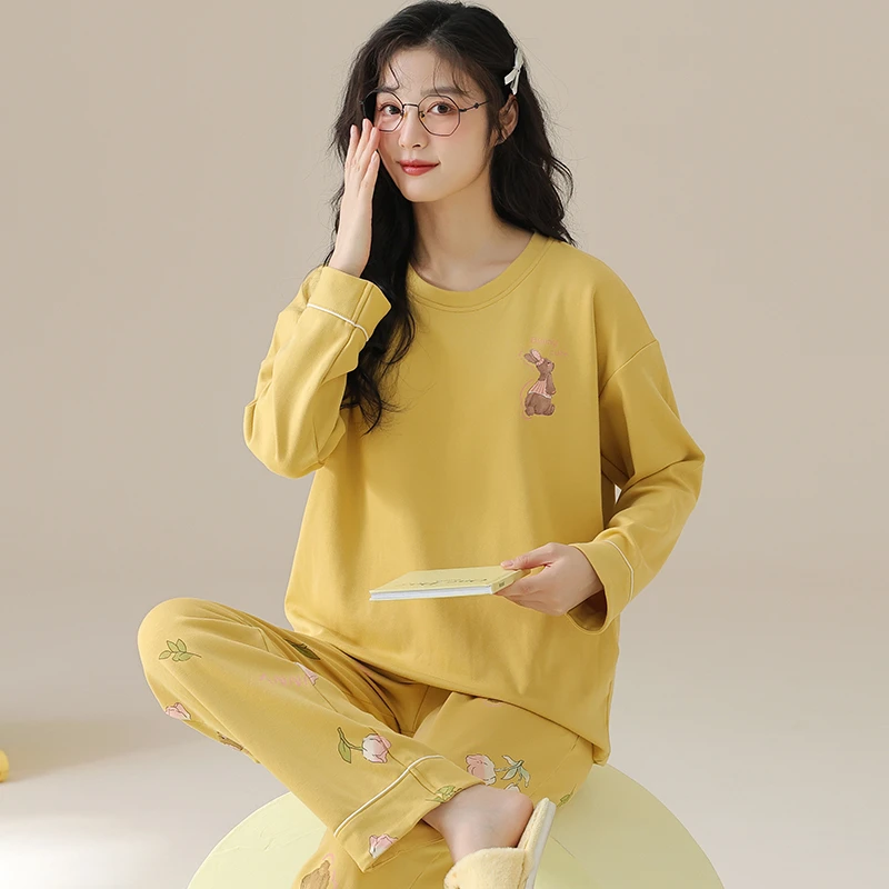 卡之恋睡衣女士春秋纯棉长袖新款春秋款甜美郁金香长裤家居服套装