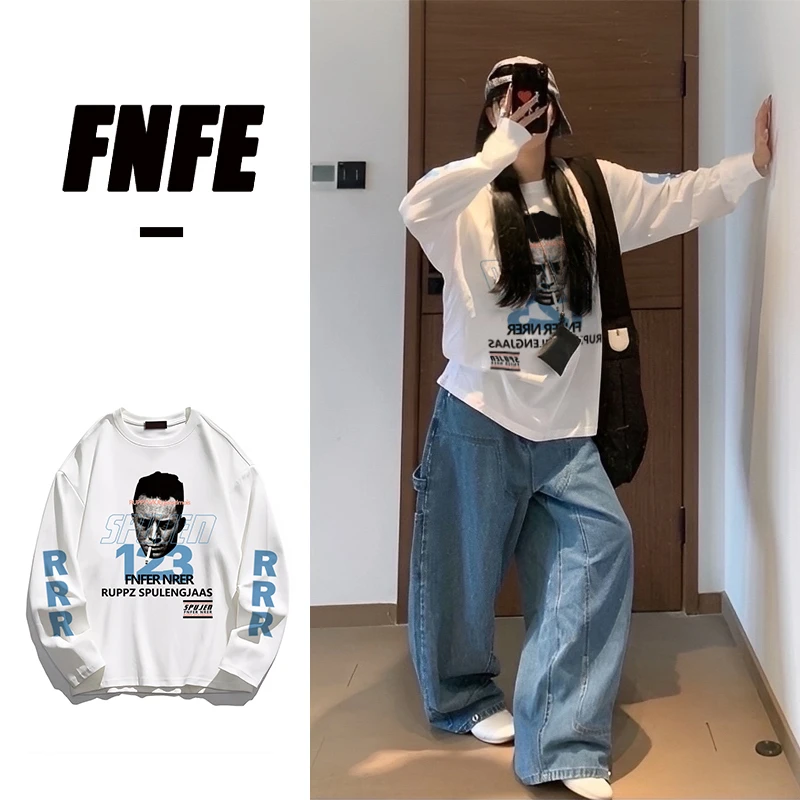 FNFE新款女装入秋新款重磅纯棉T恤长袖宽松休闲百搭圆领印花上衣