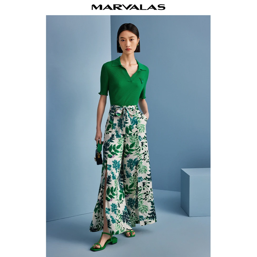 【九月专属】休闲裤女夏季小清新长裤植物印花开叉阔腿裤